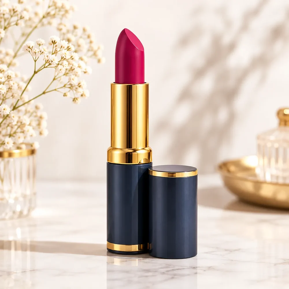 A lipstick in a gold and navy case on a marble surface